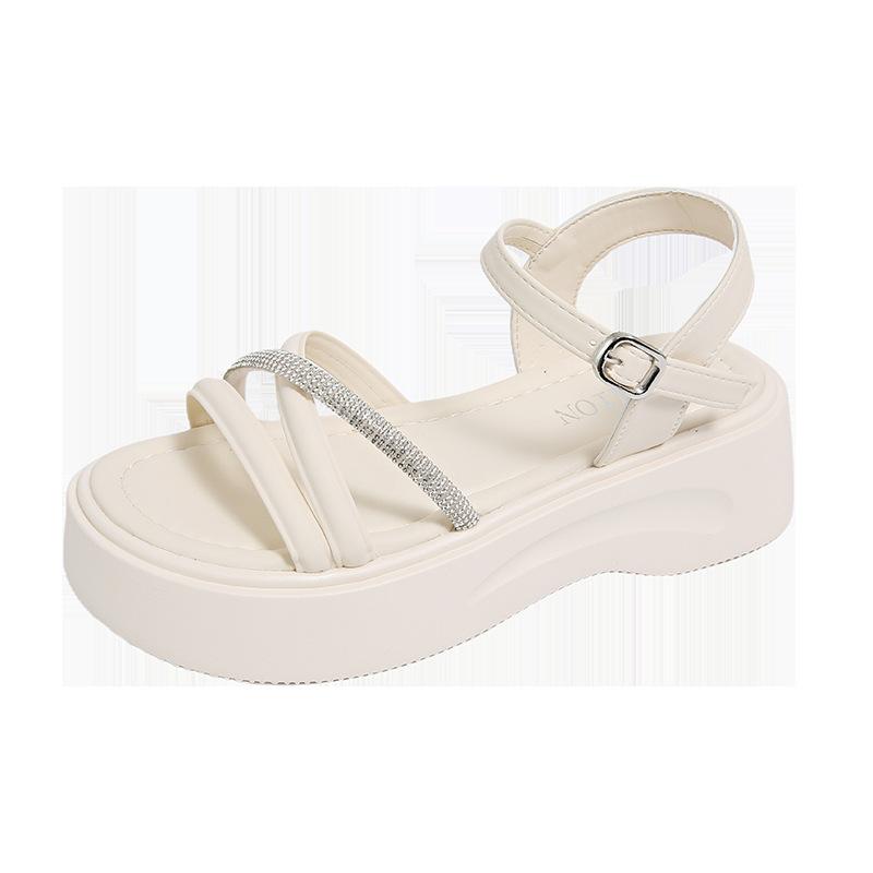 Muffin Platform Sandals 2025 Summer New Fairy Wind Heightened Lightweight Beach Rhinestones Word with Roman Sandals