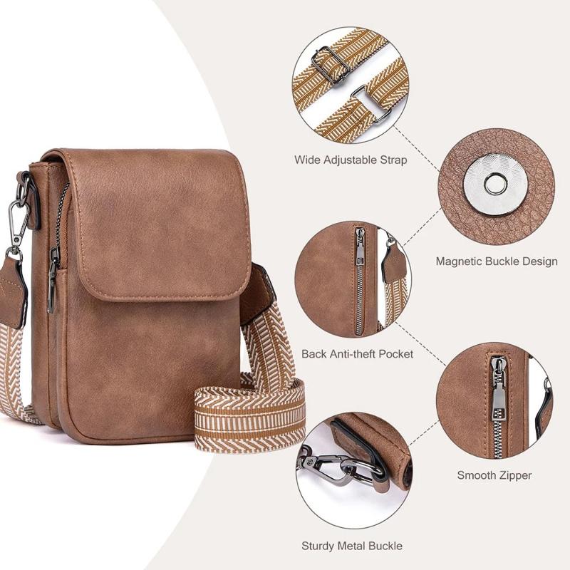 Bolso Bandolera de Cuero Vintage para Mujer Bolso para Teléfono para Mujer Correa Ancha Ajustable Bolso de Mano Compartimentos Múltiples con Cremallera Cartera