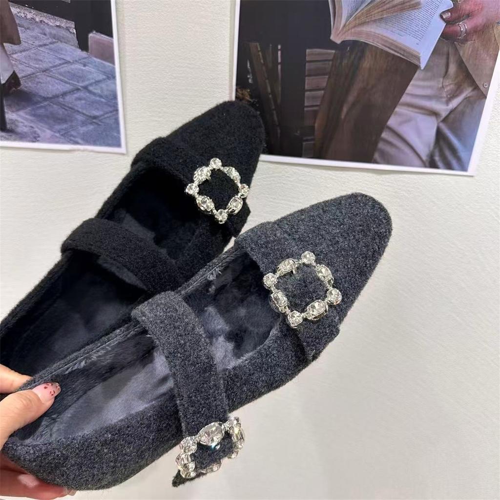 Innere Höherlegung Vierkantkopf Strass Einzelne Schuhe Herbst und Winter 2025 Plüsch Grau Flauschige Schuhe Mary Jane Abendschuhe
