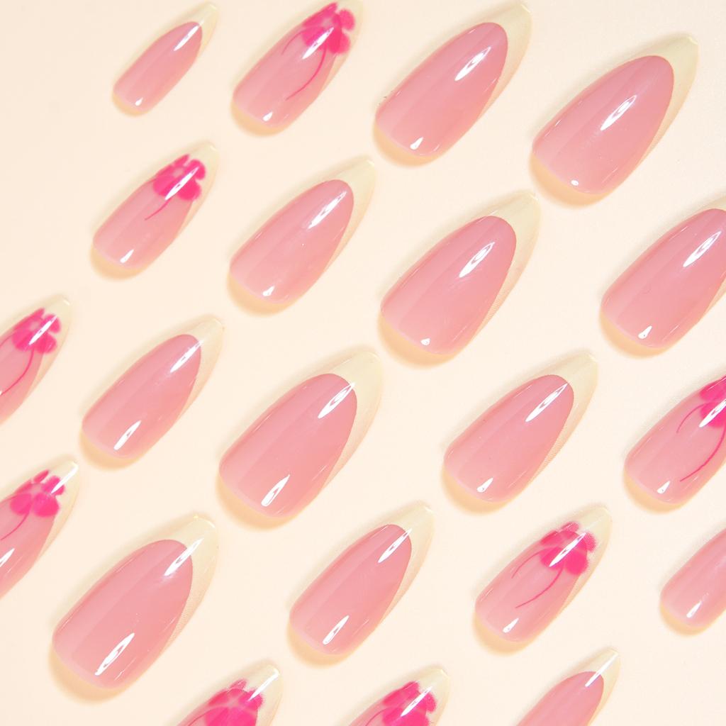 24Pcs Short Almond Press On Nails, Nude with Goose Yellow French Tips & Pink Flower Fake Nails for Spring Summer
