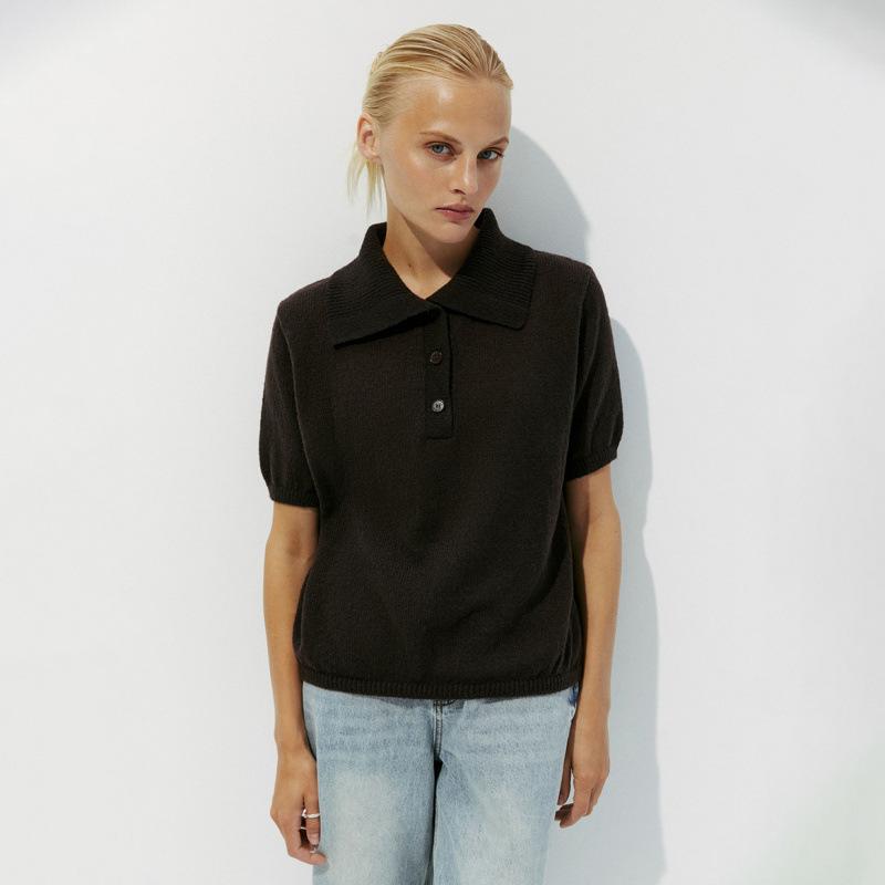 Módní pletený pulovr Dámský svetr s krátkým rukávem 2025 Jaro Léto Klopa Knoflíky Top Jednoduchý Tenký Elegantní Volný Ležérní Kancelářský Pletený Oděv