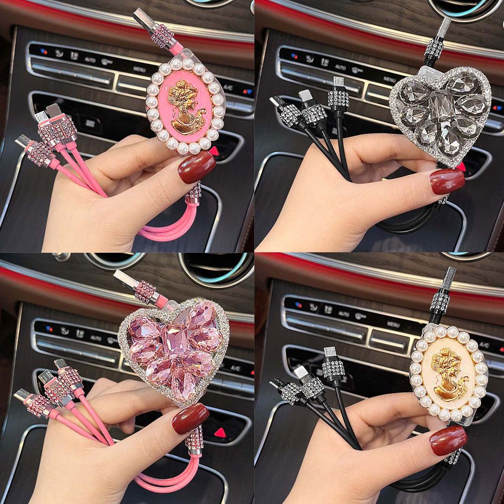 Bling Diamond Goddess Love Car Charger USB Multi Charging Cable Auto Fast Charging With 1 In 3 Type C/Micro/Port Sync Data Line