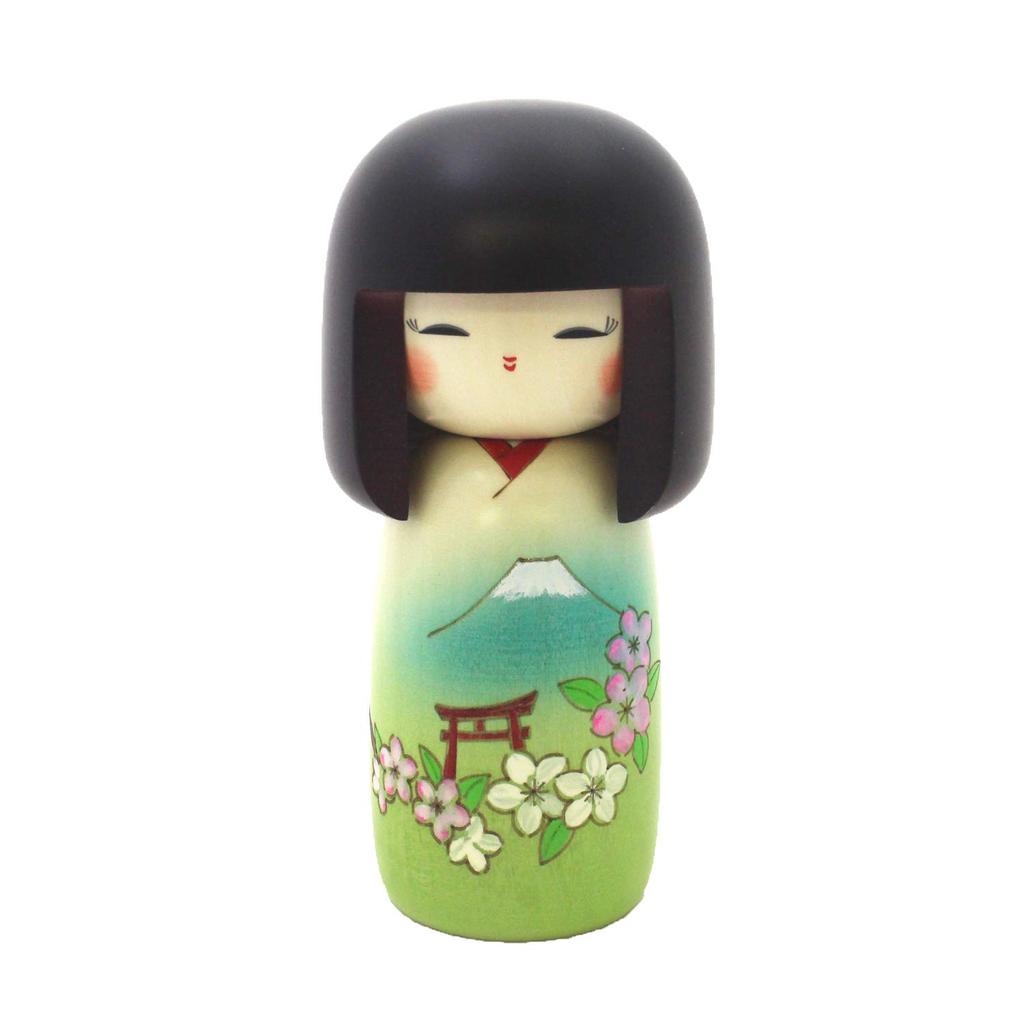 Creative Kokeshi Doll "Sunny Day in Japan" by Masayoshi Fujikawa, Winner of the Prime Minister's Award, Made in Japan, Wooden Ornament, Mount Fuji, Bl