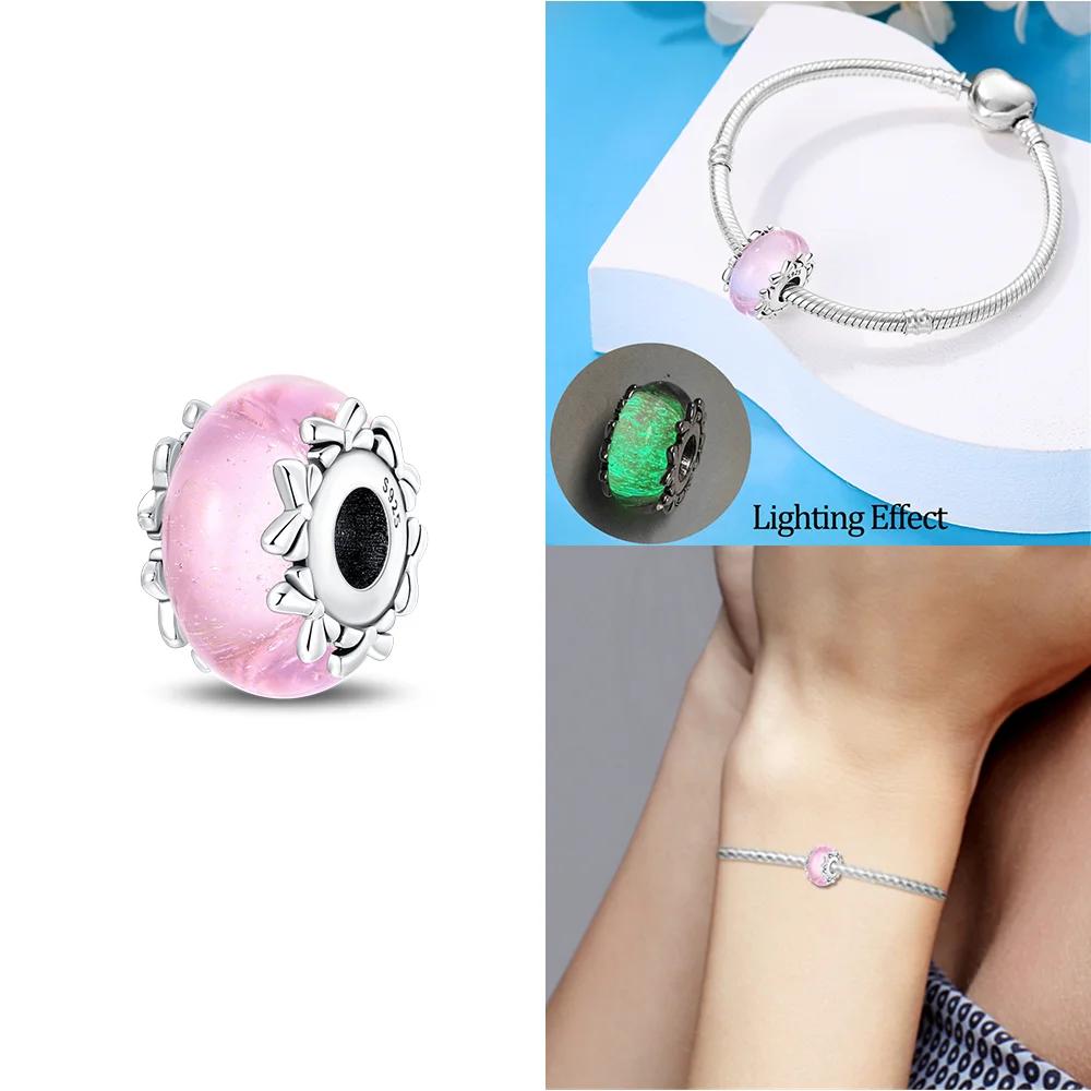 925 Silver Bracelet Women Diy Jewelry Gift Accessories Charms Beads Pink Murano Glass Blue Flower Butterfly Beads