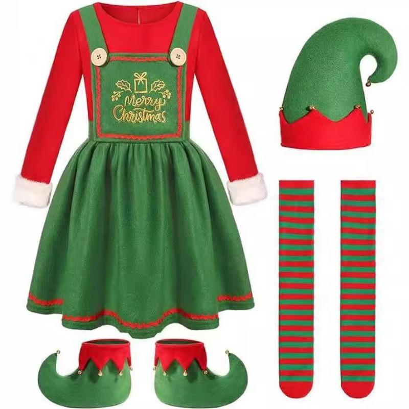 

Parent-Child Christmas Elf Costume Green Cosplay Clothes Set Kid Adult 110cm-Girls