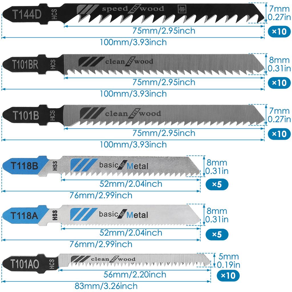 10/50pcs Jig Saw Blades T-Shaft HCS Assorted Saw Blades Sharp Fast Cut Jigsaw Blades for Wood Plastic Metal Cutting Hand Tools