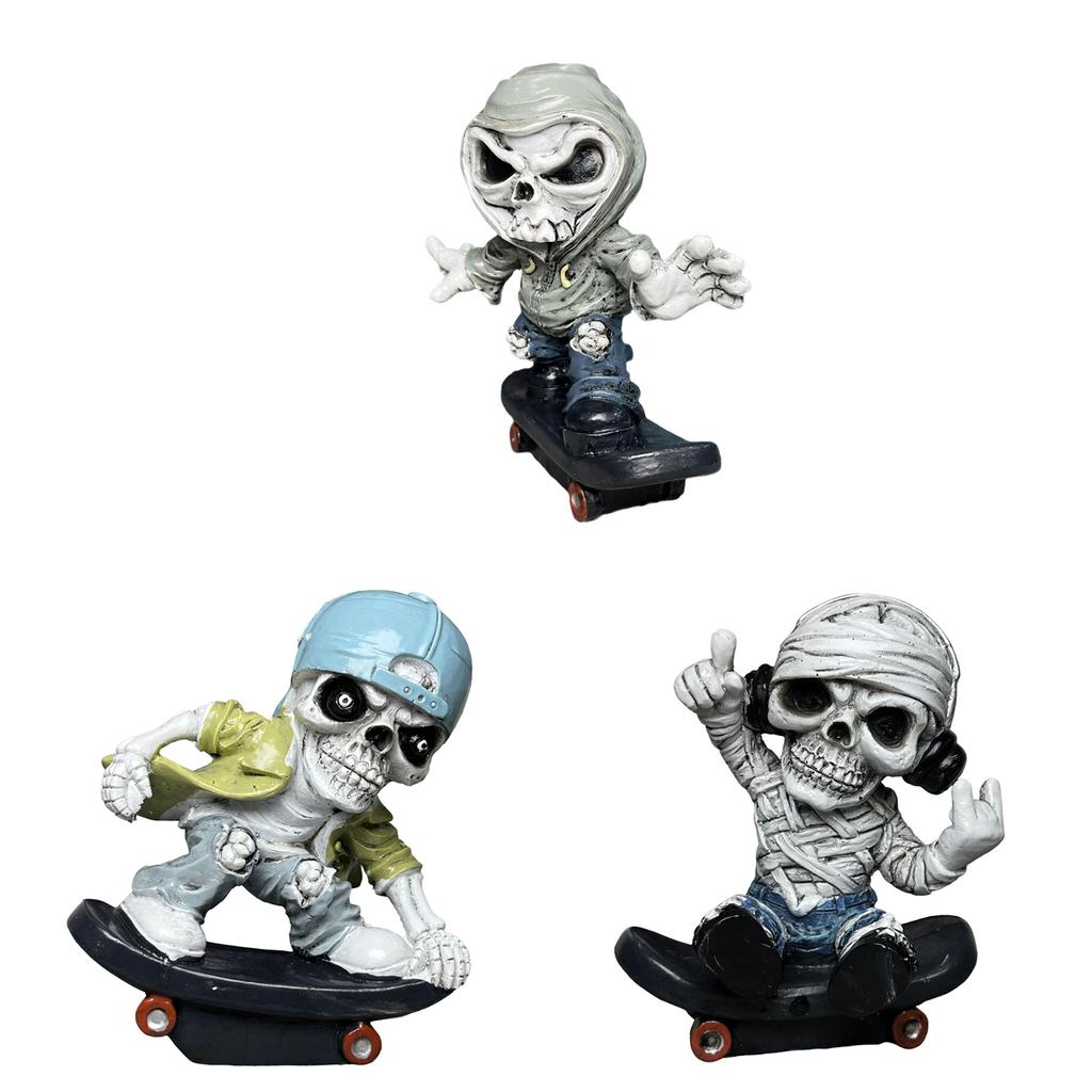 Scary Resins Skeleton Sculpture Funny Skateboarding Skull Figurine Ornament for Halloween Party Desktop Decoration