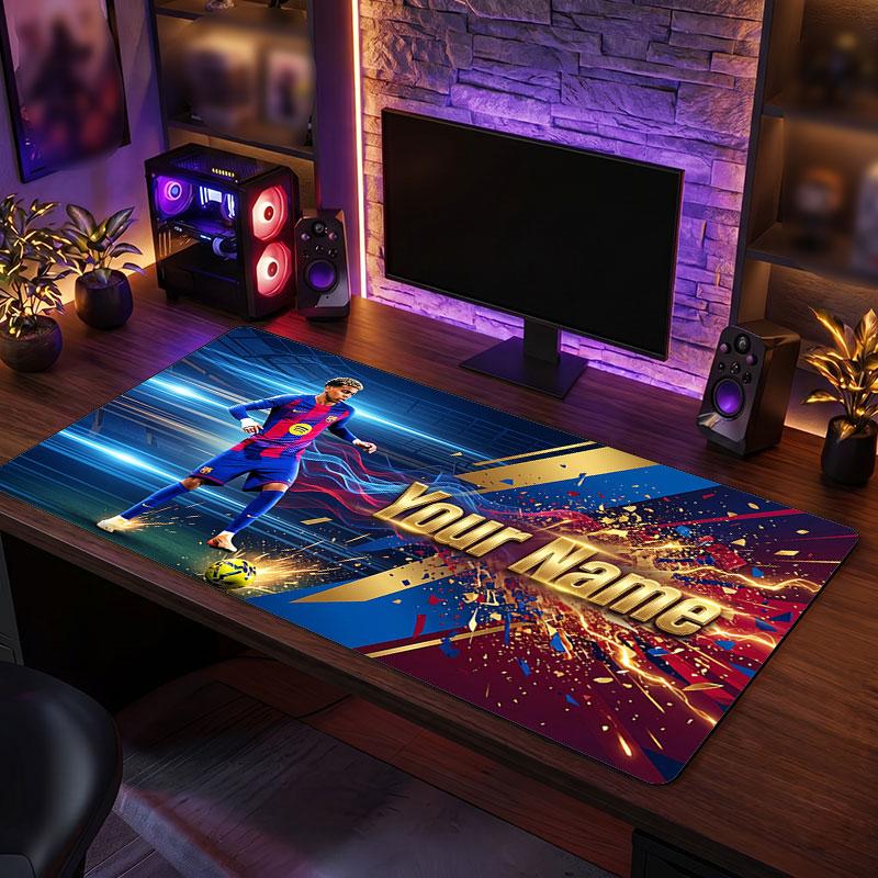 Tappetino per Mouse Grande Personalizzato Lamine Yamal, Stampa Testo Nome Personalizzato, Tappetino da Scrivania Antiscivolo con Logo Calcio, Regalo per Gamer