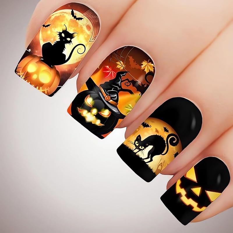 Halloween Press on Nails Medium Fake Nails Almond Shape Halloween False Nail Tips with Pumpkin Star Moon Designs Cute Stick on Nails Glossy Halloween