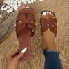 Women's Solid Color Large Size Rivet Slippers Casual Square Head Open Toe Flat Bottom Summer Shoes Lightweight