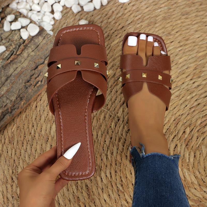 Women's Solid Color Large Size Rivet Slippers Casual Square Head Open Toe Flat Bottom Summer Shoes Lightweight