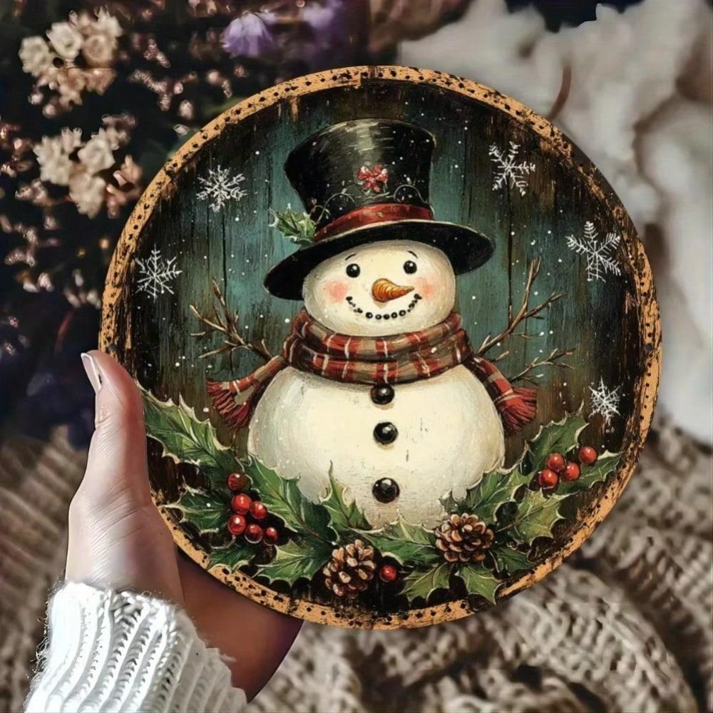 Vintage Metal Tin Sign 8x8 Inch Snowman Wreath Wall Art Rustic Home Decor