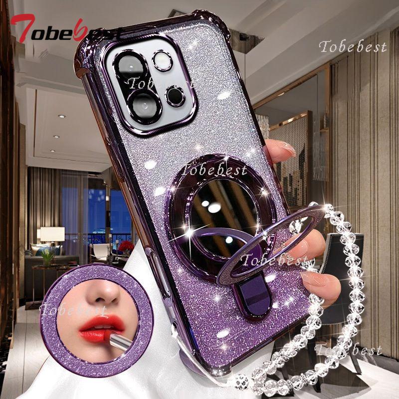 For Oneplus 13 13T 12 11 11R ACE 5 3 Pro Case Glitter Plating Makeup Mirror Magnetic Phone Holder Bracelet Cover
