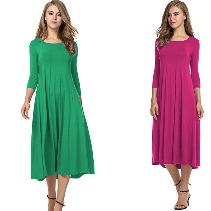 2024 Damen Sommer Mode Rundhals Mittellange Ärmel Einfarbig Großes Schwingkleid