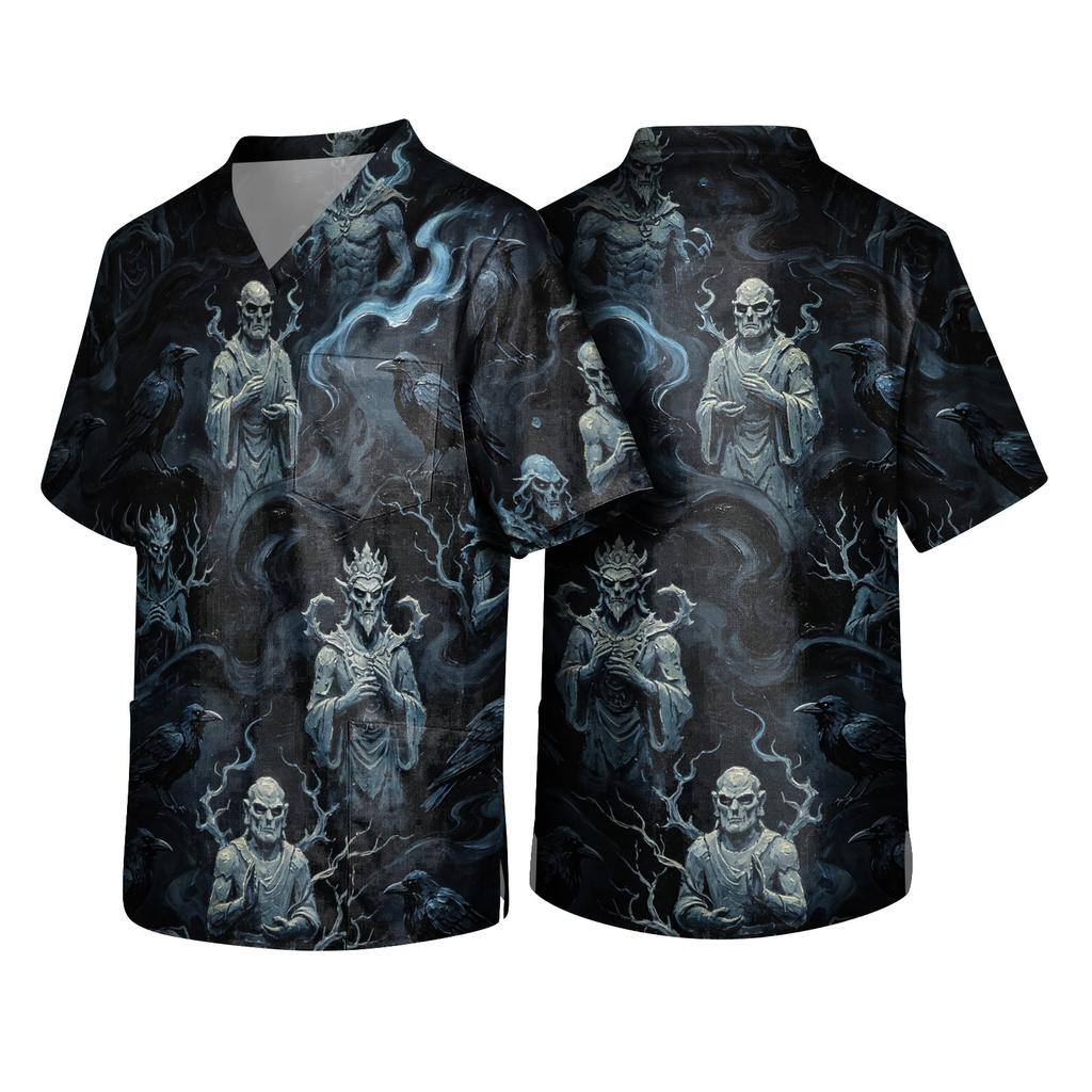 Men's Halloween Print V-Neck Scrub Top with Pocket Short Sleeve Uniform Shirt