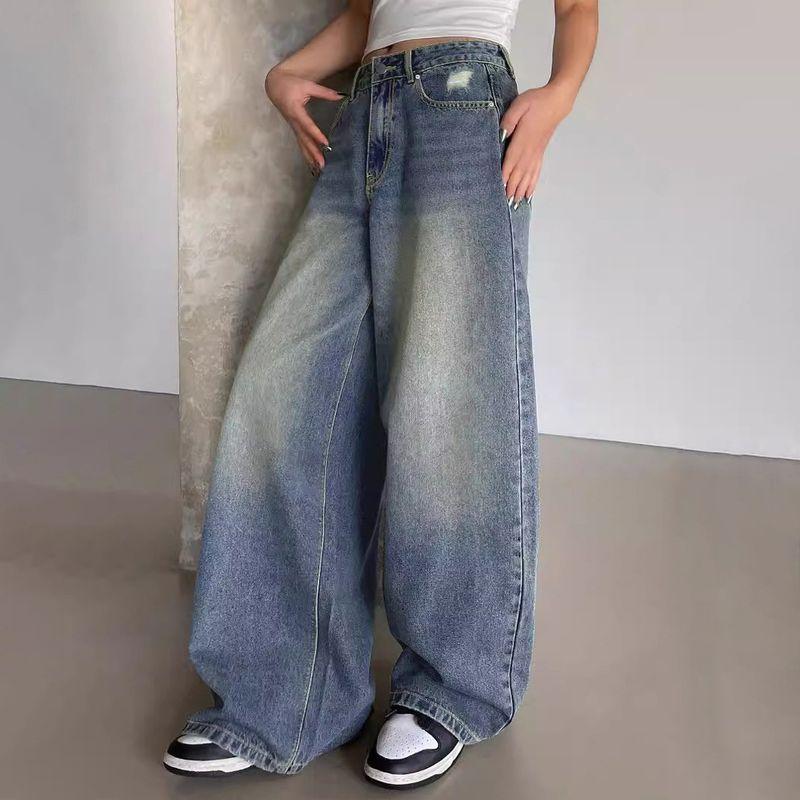 Wide Leg Jeans2025 Fashion Washed Blue Wide Leg Long Mop Sense Denim Women's Ripped Casual Pants