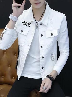 Men's Trendy Korean-Style Denim Jacket - Solid Color, Versatile, Casual, Printed Design for Spring and Autumn.