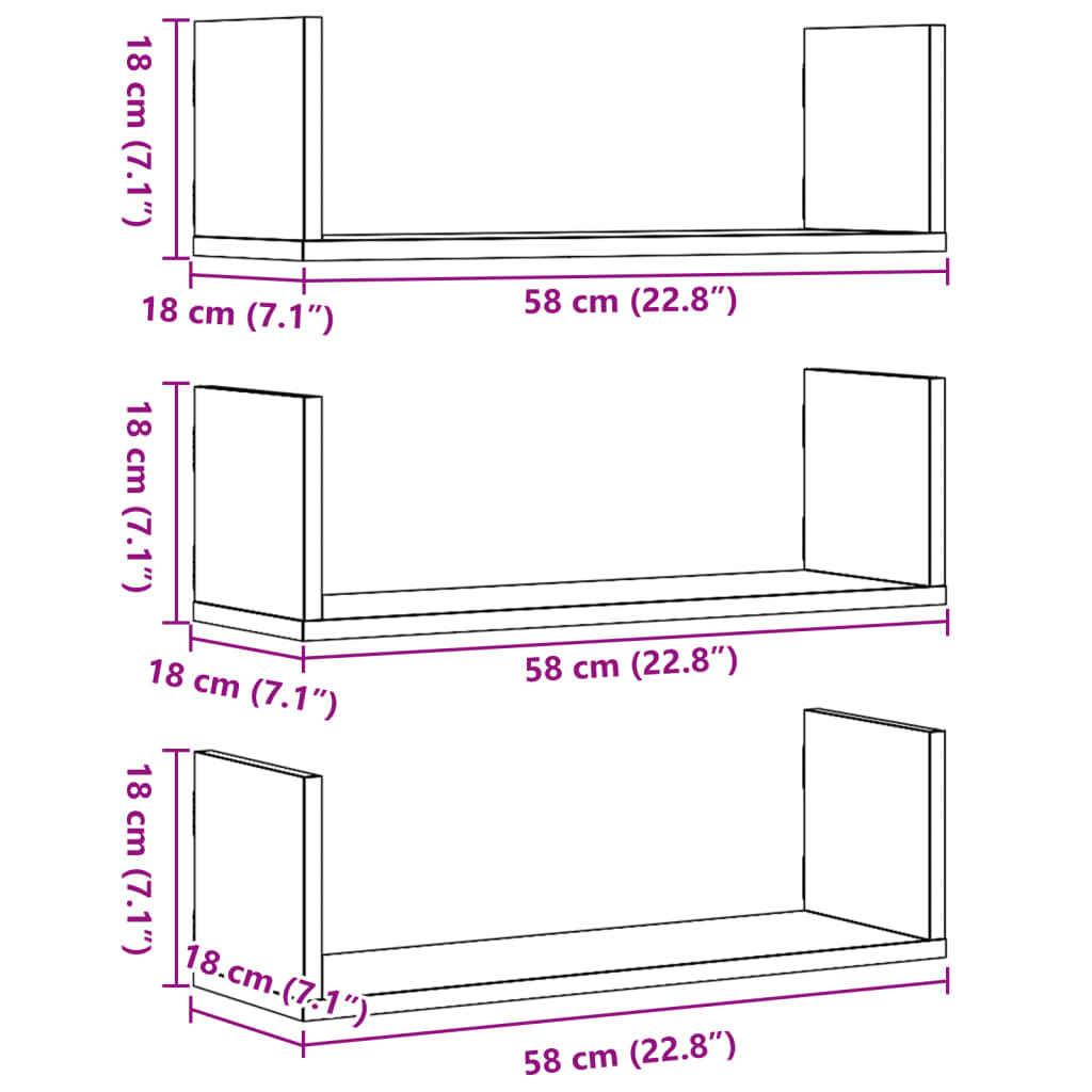 Wall Shelves 3 pcs Grey Sonoma 58 x 18 x 18 cm Particleboard