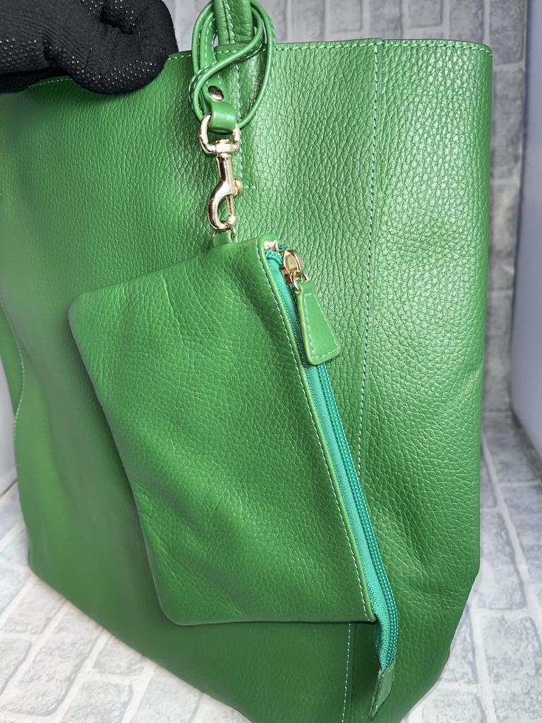 Rebecca Genuine Cowhide Leather Shrink Tote Bag with Pouch, Vertical Style, Unisex, JT-240322 (Green)