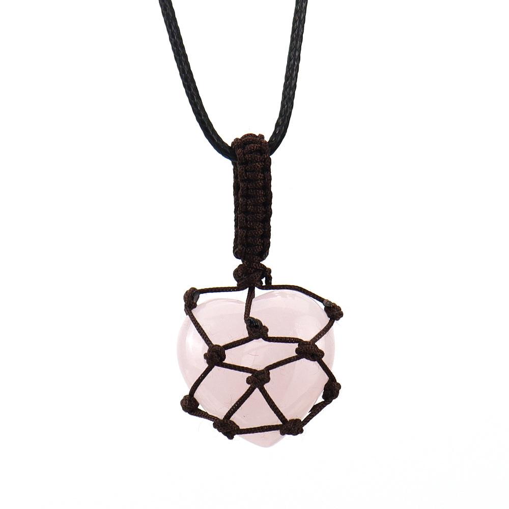 Natural Crystal Tiger Stone Agate Heart-Shaped Love Hand-Woven Mesh Pocket Pendant Necklace N704
