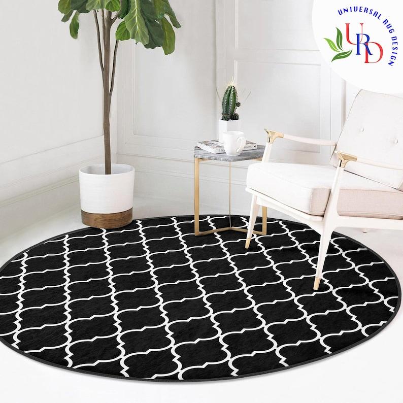 Eleganza Monocromatica Tappeto Nero e Bianco Geometrico Cerchio Tappeto Antiscivolo Rotondo Tappetino per Casa Multiuso Tappetino da Pavimento
