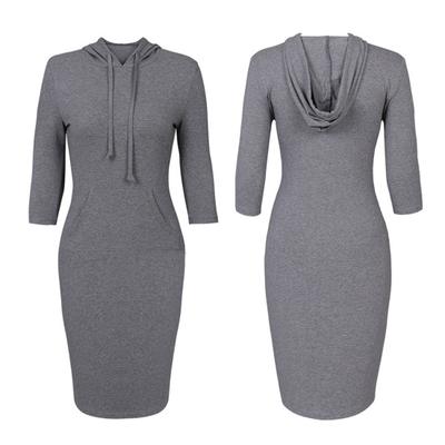 Autumn Hooded Dress with Big Pocket Slim Fit Drawstring Elastic Solid Color Sheath