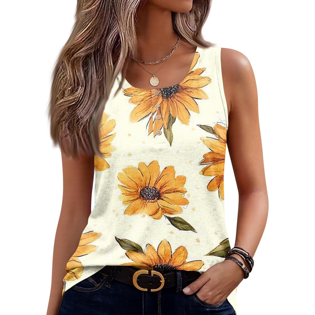 Womens Casual Sleeveless Tank Top Floral Print U Neck Button Detail Lightweight Summer Blouse
