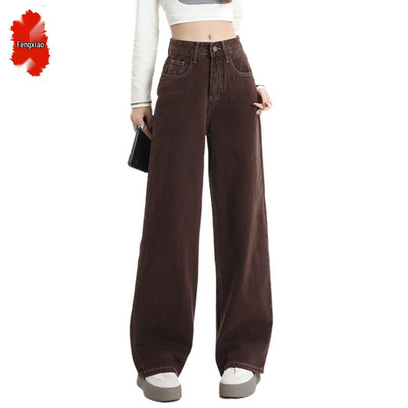 

Женские коричневые джинсы Fengxiao с высокой посадкой и широкими штанинами XL