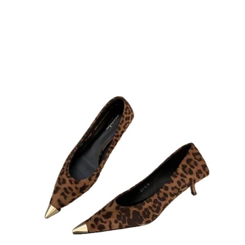 Spring new retro leopard print metal light mouth single shoes temperament suede pointed stiletto high heels