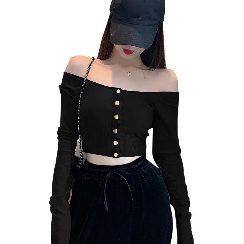 Mode Slash cou femmes bouton T-shirt mince à manches longues T-shirt automne couleur unie dames court hauts