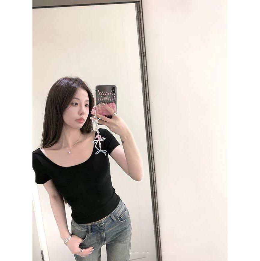 U-neck Short-sleeved T-shirt Women's Summer New Inner Fit Slim and Thin Korean Base Spice Girl Black Top