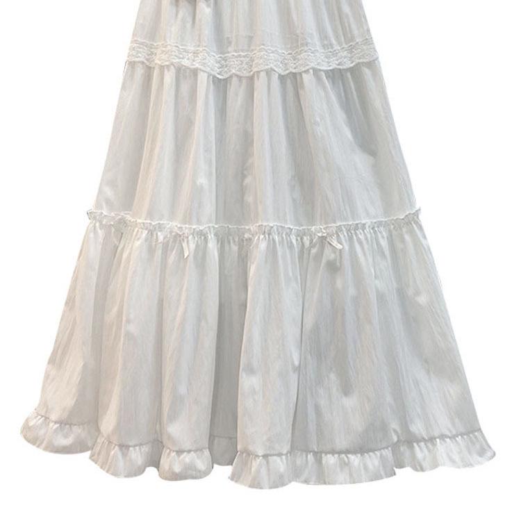 Sweet Lace Bow Ruffle Midi Skirt for Women - Spring 2025 High Waist A-line Style
