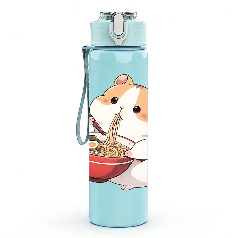 1PC Hamster Eating Noodle Cute Cartoon Print 750ml Color Plastic Sports Water Bottle Leakproof Flip Straw Lid Suitable for Sports Office Home Use