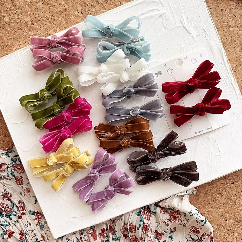 European-style Simple and Sweet Candy-colored Velvet Bow Tie Children's Cute Matching Accessories with Side Clips and Hair Clips