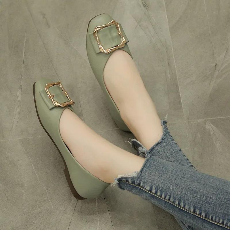 Fashion Woman Fashion Square Toe Daily Pu Flats Lady Metal Square Buckle Colorful Female Elegant Suede Plum Red Work Shoes