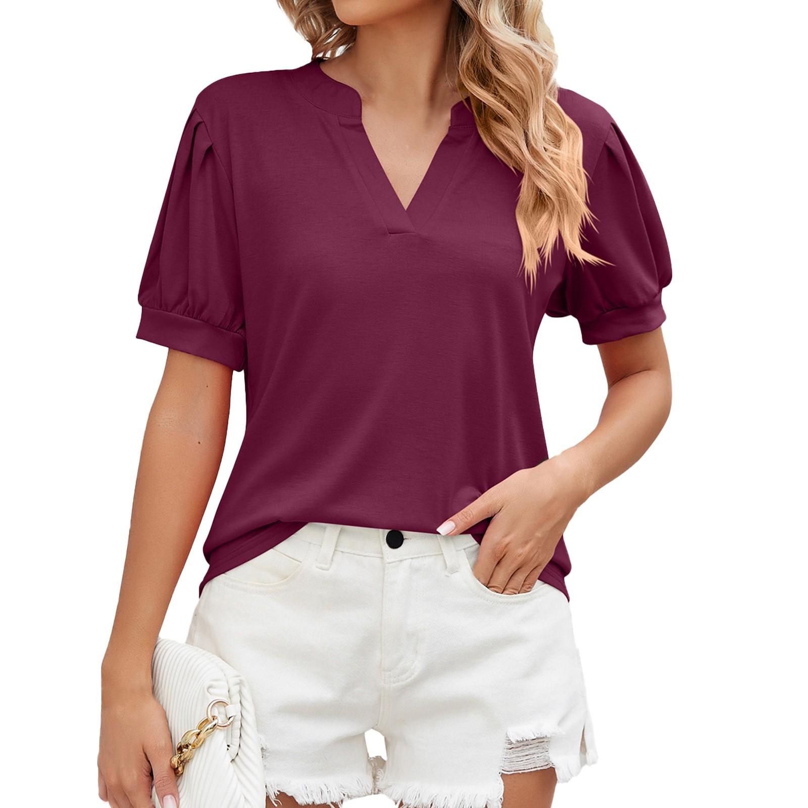 

Женская футболка, однотонные блузки с короткими рукавами, плиссированные мягкие туники с V-образным вырезом S винный
