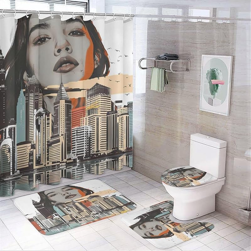 Balkabağı Kartalı Duş Perdesi Setleri Halılarla 4 Parça, Banyo Tuvalet Banyo Paspası için Dekor, 3D Baskı, Mavi Soyut Yabani Hayvan Vatansever Kuş Polyester