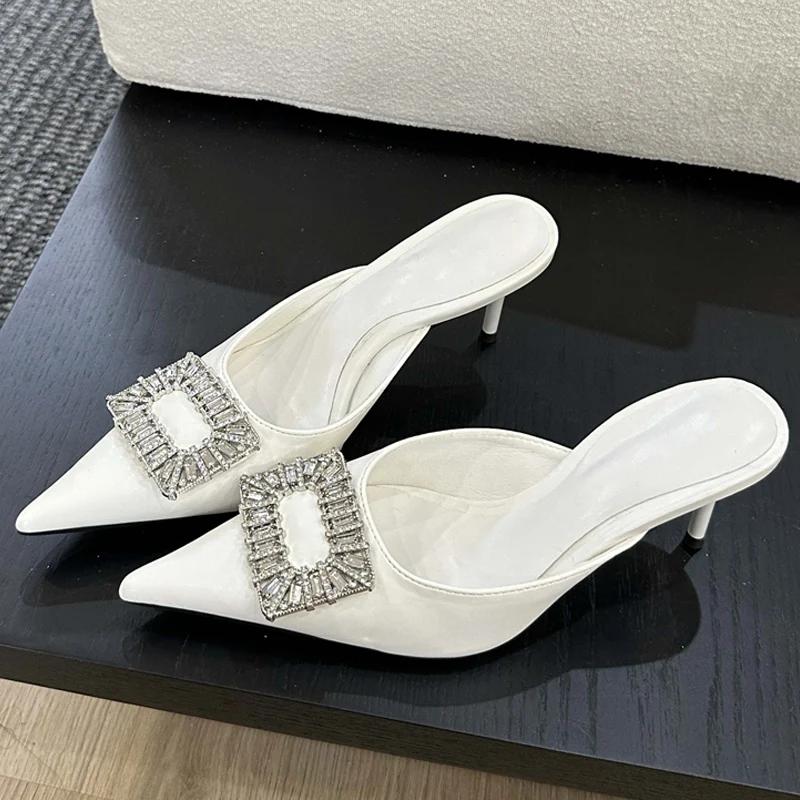 

Fashion Eilyken Spring Women Slippers Crystal Buckle Thin Heels Pointed Toe Mule Shoes Fashion Party Zapatos De Mujeres 35