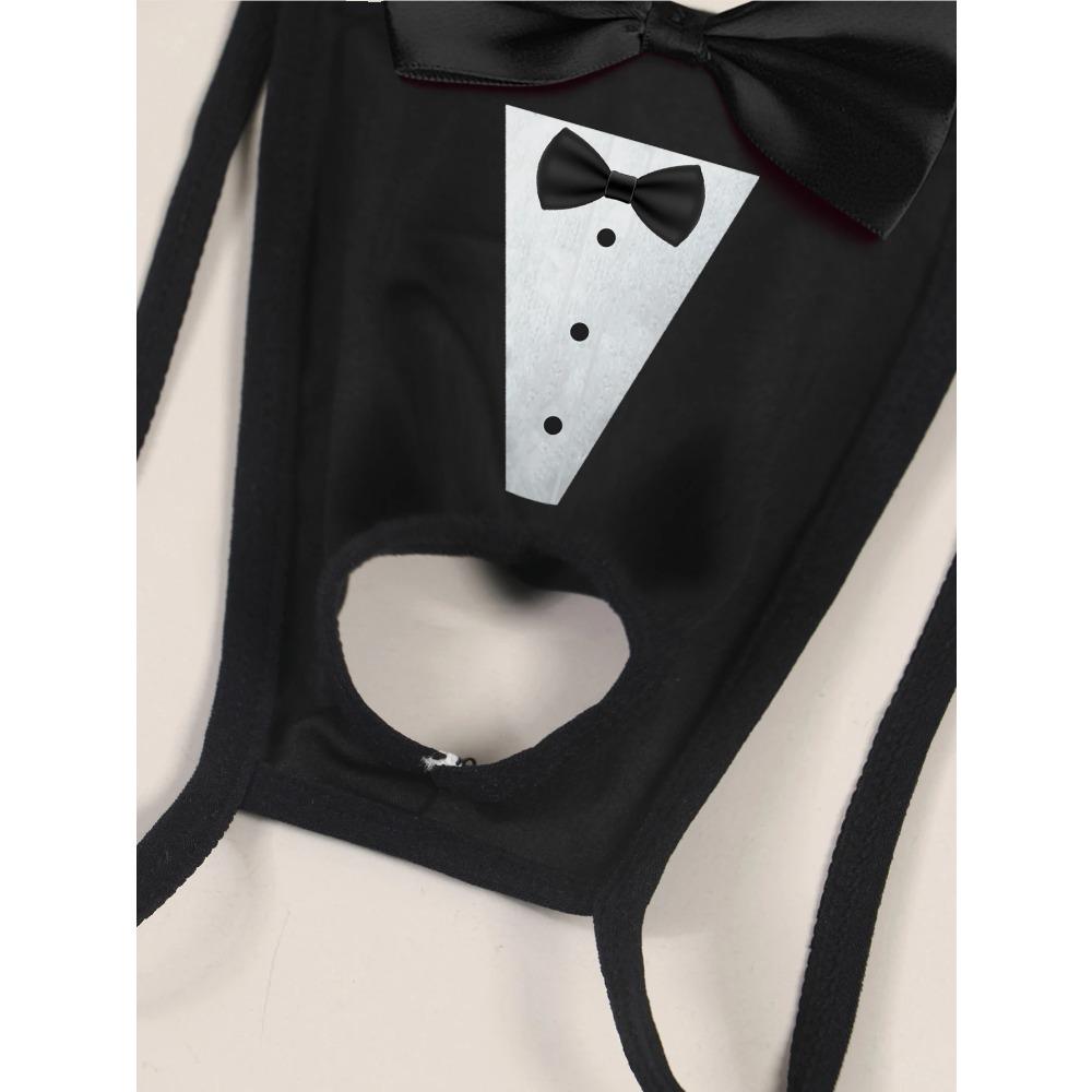 Men's Sexy Crotch Hollow Thong Underwear with Fun Printed Bow Decoration Breathable Underwear