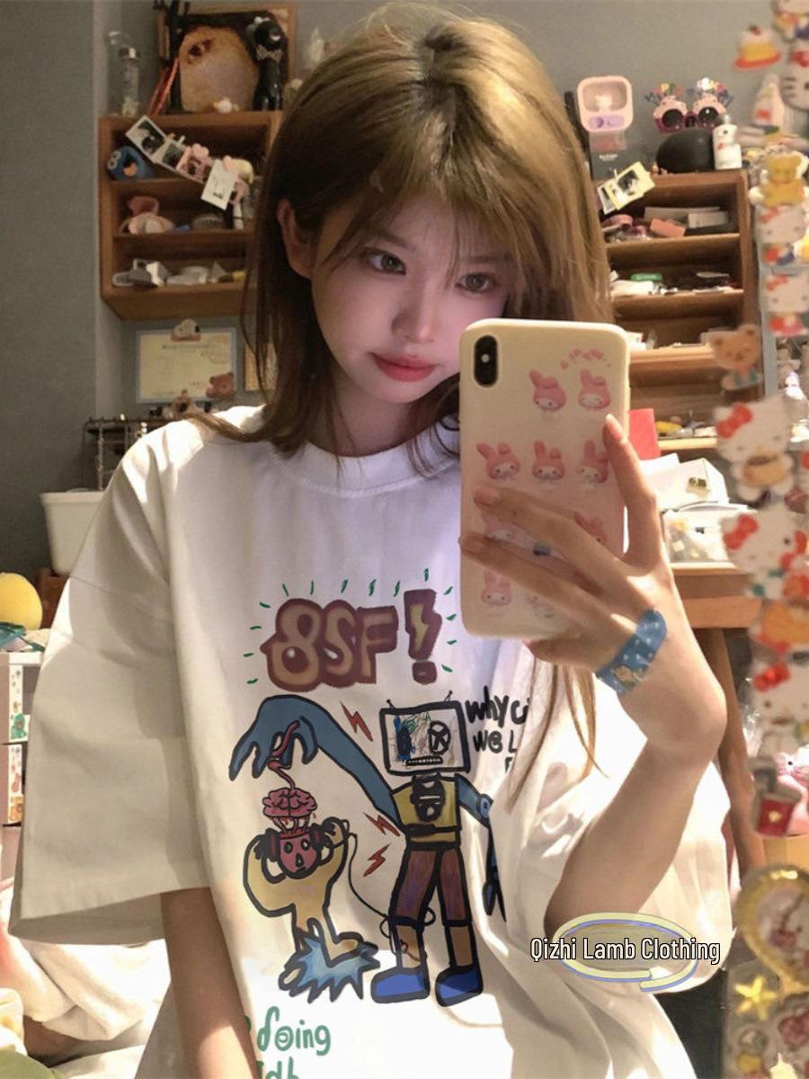 

Корейский женский свободный летний топ с короткими рукавами Dongdaemun Cartoon Graffiti Robot M