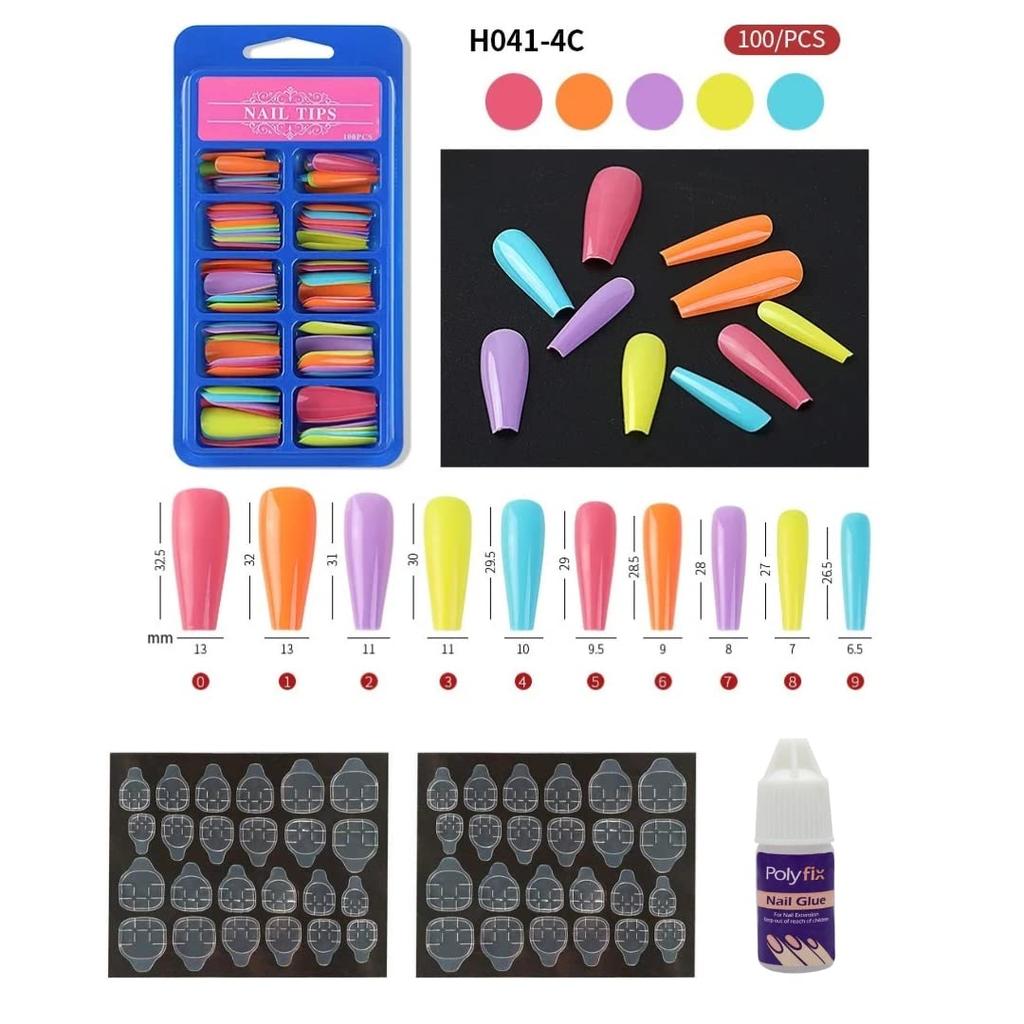 Coslifestore-Pack of 100 Press on Nails- ready to use false nails- coffin shape with complimentary nail glue and Jelly tabs (Neon)