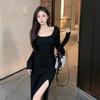 Black Sexy Super Body Long-sleeved Dress Autumn Royal Sister Slim-fitting Bottom Split-ended Little Mother Style Hip-wrapped Long Dress