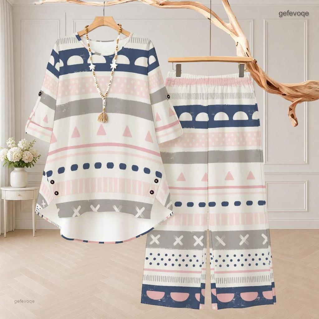 Women Plus Size Printed Two Piece Set Round Neck 3 4 Sleeve High Low Top Wide Leg Pants