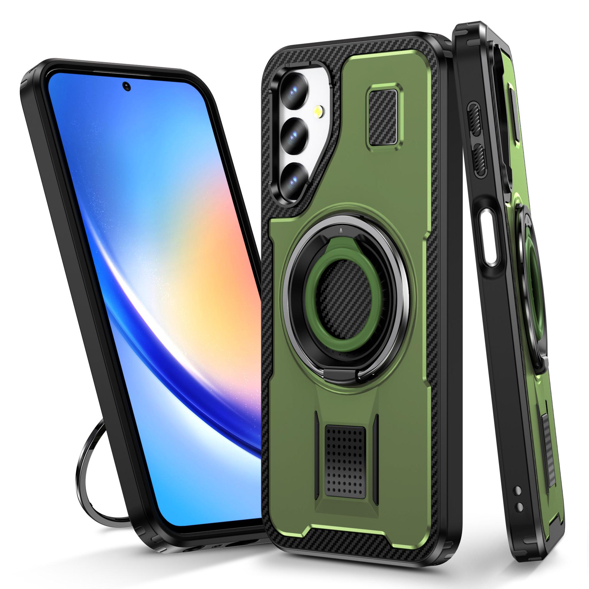 

For Samsung Galaxy A24 4G (162.1 x 77.6 x 8.3mm) Case TPU+PC Kickstand Phone Cover with Silicone Finger Strap Army Green