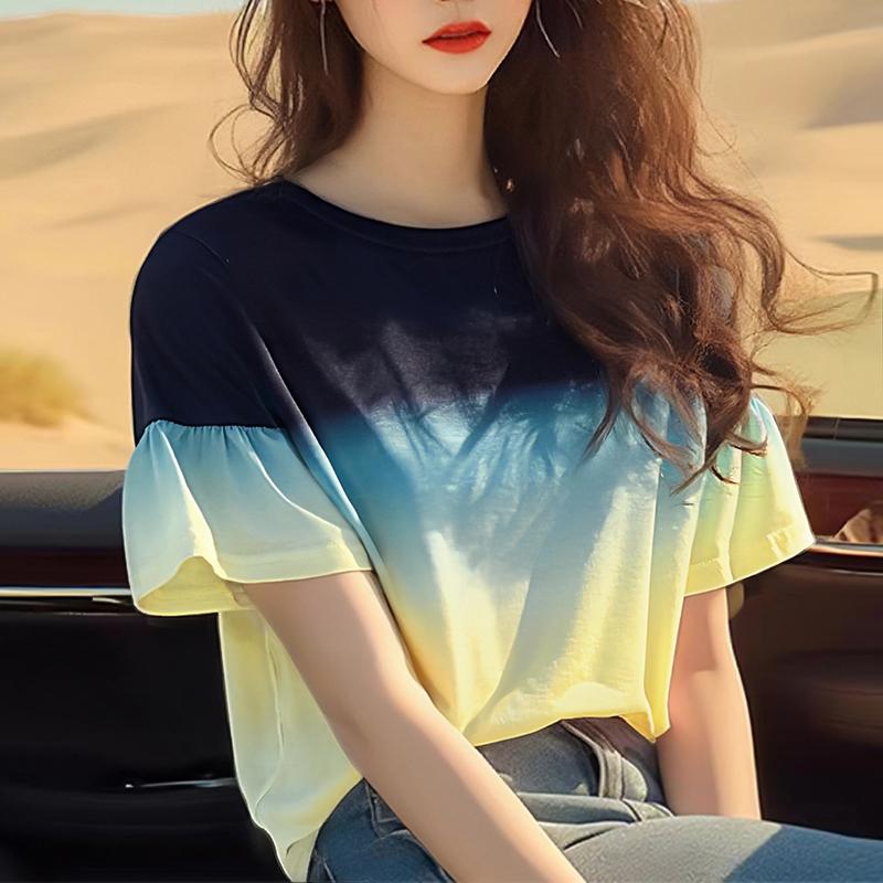 

ZANZEA Женские летние футболки с круглым вырезом, расклешенные, с коротким рукавом, с градиентным принтом XL жёлтый