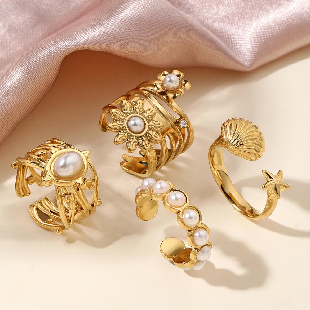 

Украшения из титановой стали, дизайн «масляное давление», легкая роскошь, полые цветы, имитация жемчуга, набор колец из нержавеющей стали Average Size