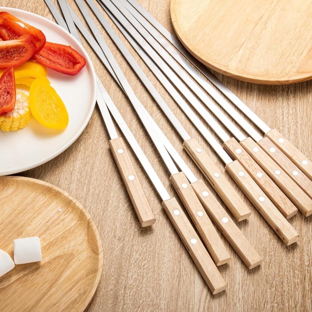 IMEEA Stainless Steel BBQ with Wooden Flat Long for and Outdoor with Storage Skewers, 10-Piece Set, 60cm, Handles, Design, Skewers, BBQ, Camping,