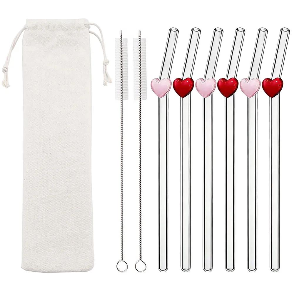 9 Stück/Set Valentinstag Hohes Borosilikatglas Strohhalme Wiederverwendbares Trinkhalm-Set für Smoothies Tee Saft Bar Zubehör
