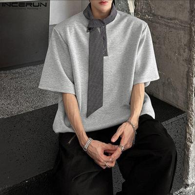 Oversized Men Tie Neck Short Sleeve Casual Loose T-shirts Tops