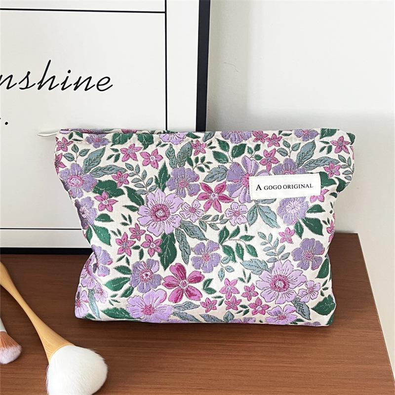 Portable Purple Flower Fabric Cosmetic Bag Makeup Pouch Organizer